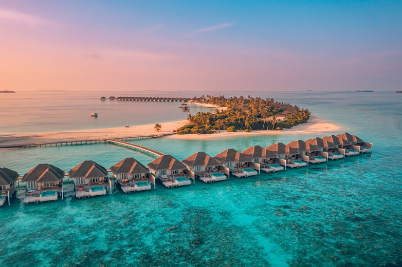 Aerial Image of Sun Siyam Iru Veli, Maldives during sunset