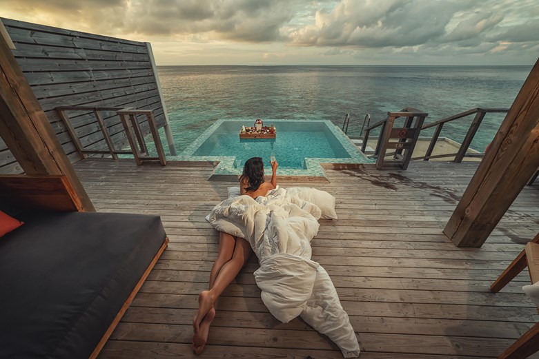 Experiencing Floating breakfast in the Ocean Villa with Pool at Sun Siyam iru Veli, Maldives